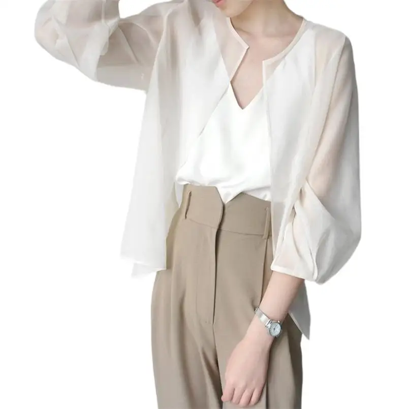 

Повседневный однотонный топ для отпуска корейская мода женская одежда тонкая свободная мягкая Солнцезащитная одежда с круглым вырезом легкая открытая строчка