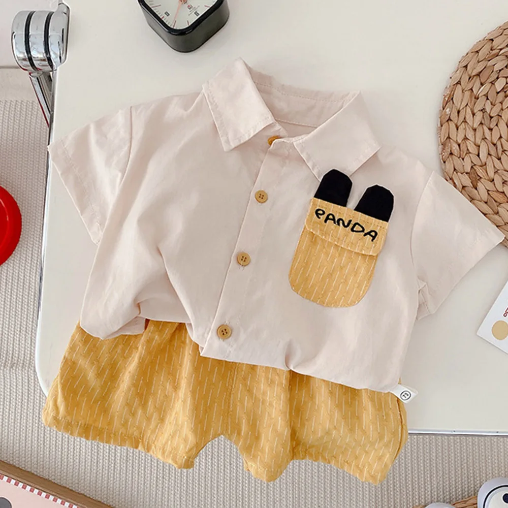 

Toddler Boy Outfit Set Cotton Turn-Down Collar Blouse + Short Pants Two Pieces Summer Back To School Children Clothing