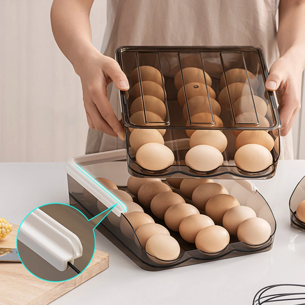 

Auto Scrolling Egg Rack Refrigerator Egg Storage Holder Egg Fresh-keeping Case Egg Container Dispenser Organizer For Fridge