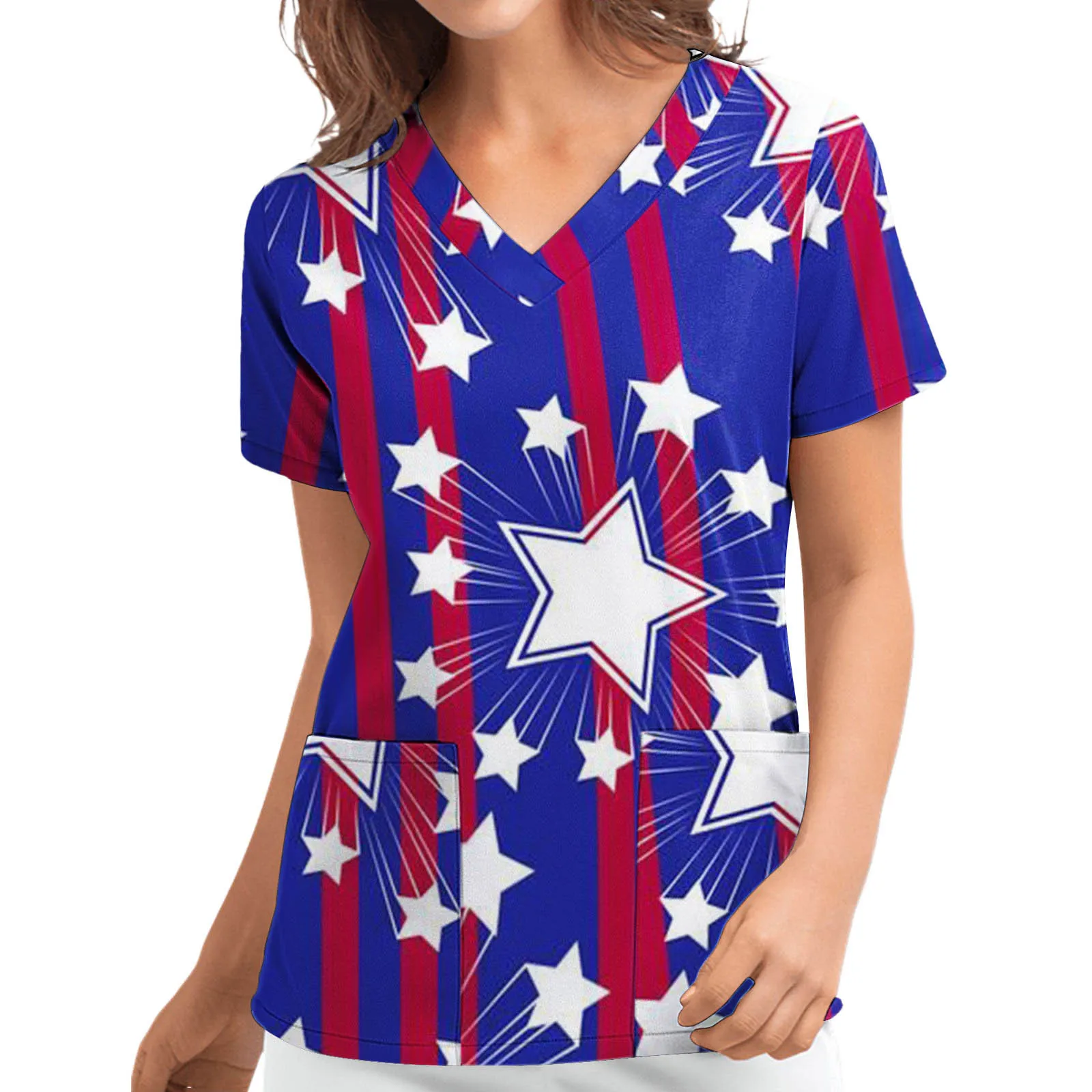 

Women Independence Day Top Shirt V Neck Working Printed Short Sleeve Pocket Caring Top Blouse