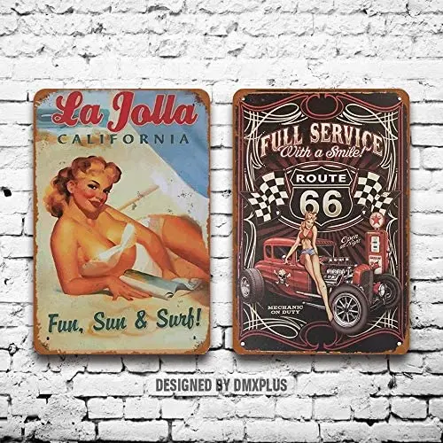 

Metal Sign (Set of 2) Tin Signs 1 Route 66 Full Service with a Smile Sexy Pinup Girl Vintage Look Wall Decoration Home Decor