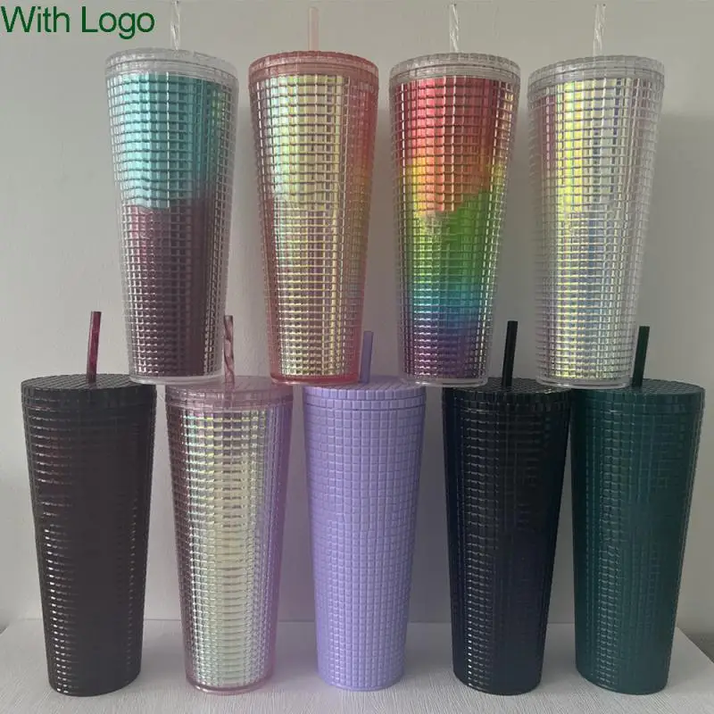 

710ml Plastic Cup Diamond Radiant Goddess With Logo&straw Summer Cold Water Cup Tumbler Double Layer Durian Coffee Mug