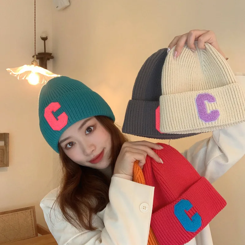 

New Candy Colors Letter C Winter Hat Women Knitted Hat Warm Soft Trendy Hat Kpop Style Wool Beanie Elegant All-match Hat