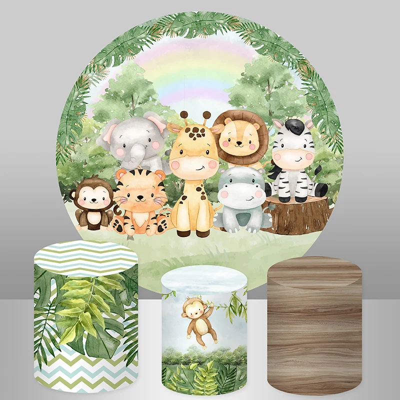 

Cartoon Animals Safari Jungle Theme Round Backdrop Green Forest Leaves Wood Kids 1st Birthday Party Background Plinth Covers