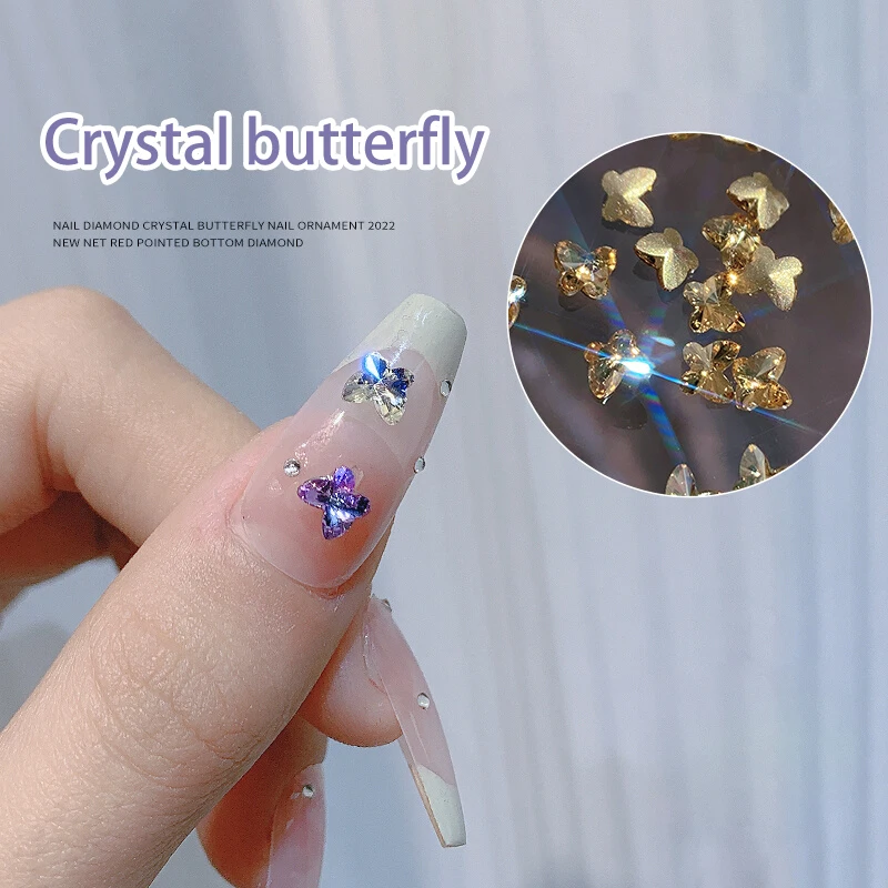 20Pcs Pink Crystal Sharp bottom Butterfly Rhinestone Nail Art Decorations Shiny Diamond Nails Design DIY Strass Glass Material