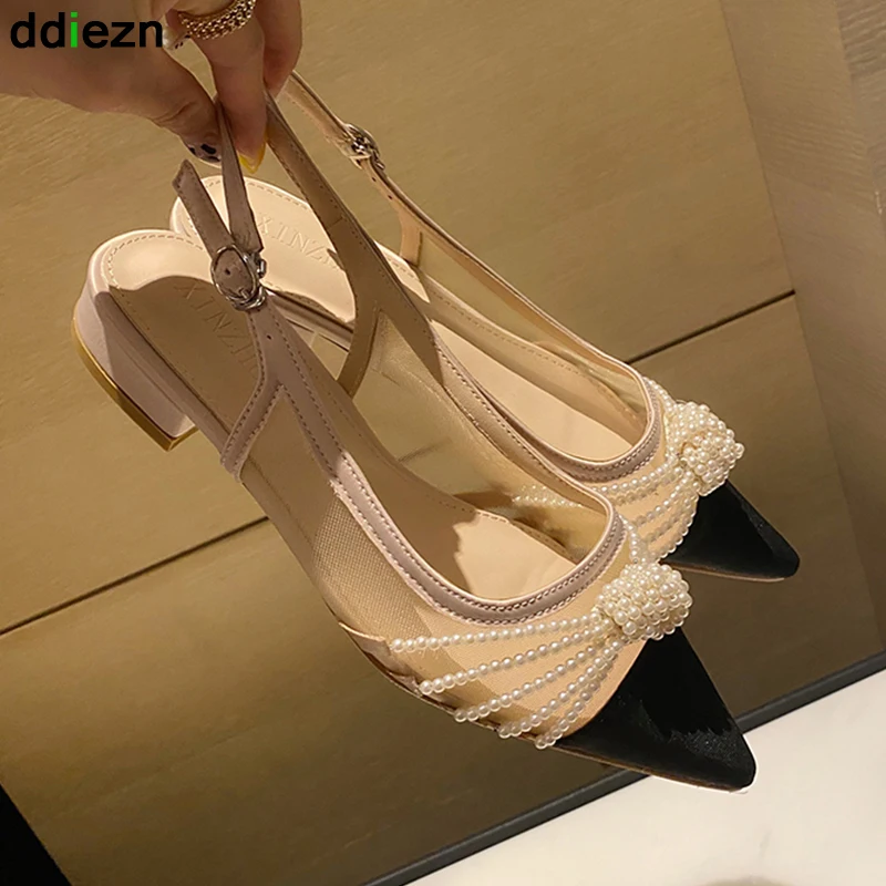 

Shoes Women Sandals Pearl Butterfly-knot Female Shoe Casual Outside Shallow Sandals Ladies 2022 Summer Fashion Sexy Mesh Flats