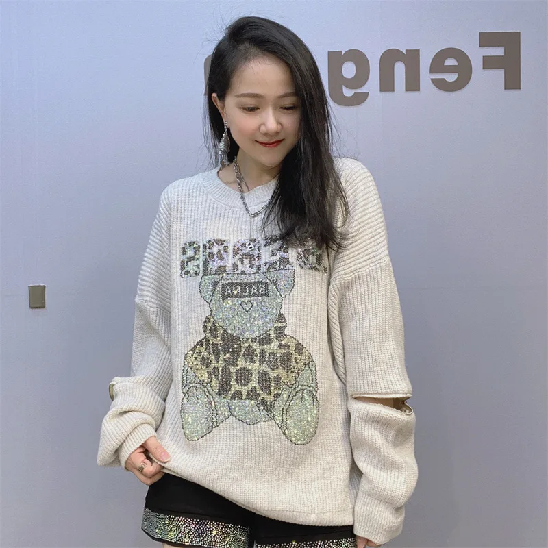 Женский трикотажный пуловер блестящий свободный джемпер в стиле оверсайз