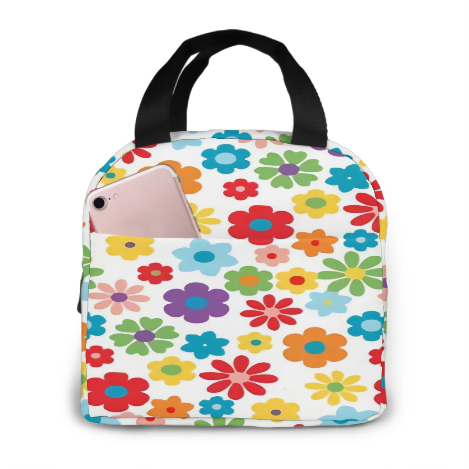 

Flower Lunch Box with Adjustable Shoulder Strap Reusable Zipper Cooler Tote Bag for Work,Picnic,Camping