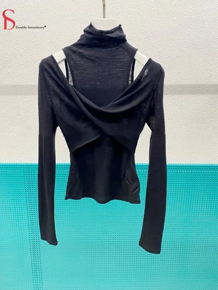 

Fashion High Neck Off Shoulder T-shirt Women's Spring New Black Slim Fit Slim Bottom Shirt Top Ins
