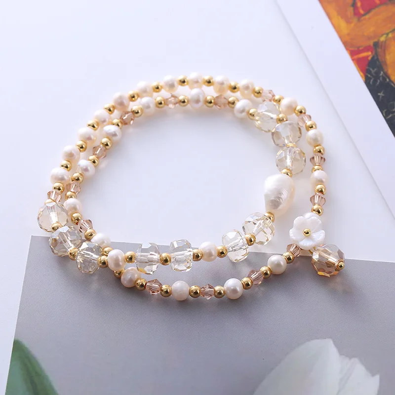 

Girls' Fashion Natural Freshwater Irregular Pearls Bracelet Fancy Women Crystal Beads Two Laps Hand String Nice Jewelry Gifts