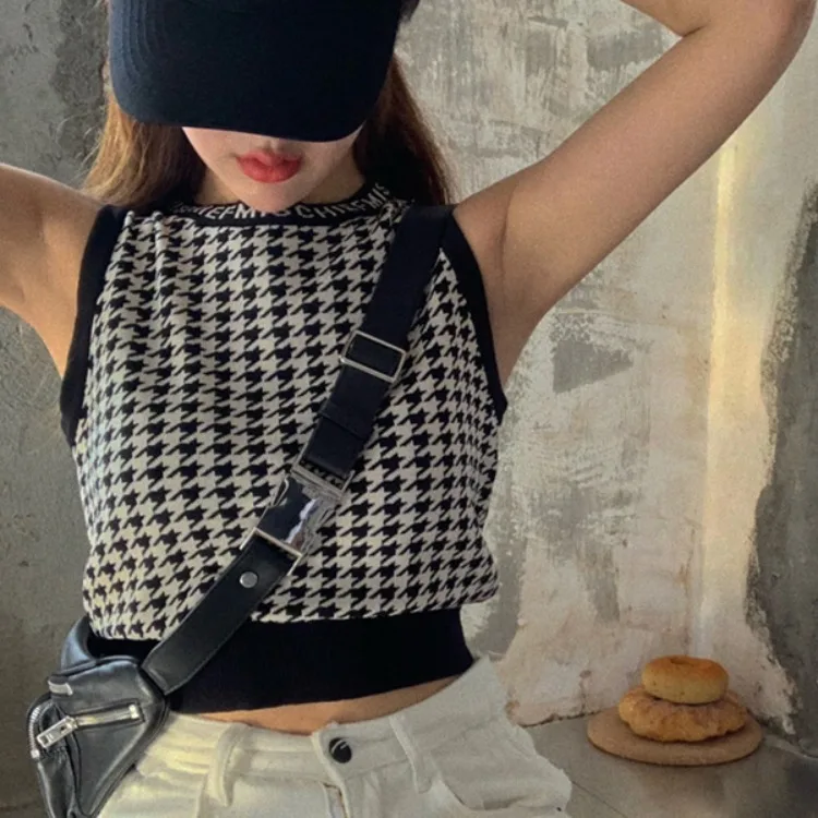 

Houndstooth Tank Top Women All-match Slim Fit Sleeveless Crop Top Vintage Knitted Vest
