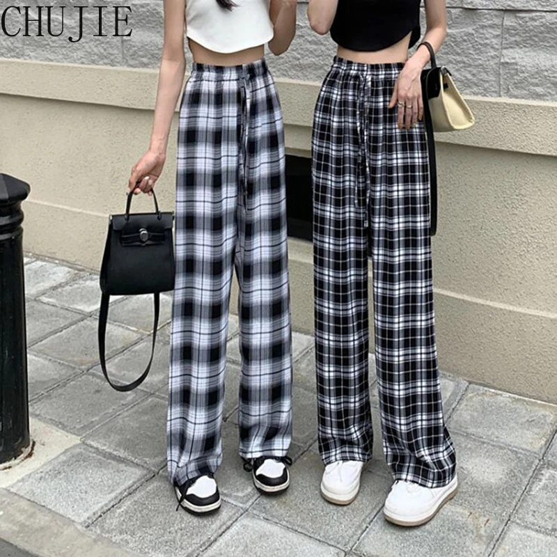 black and white checked trousers
