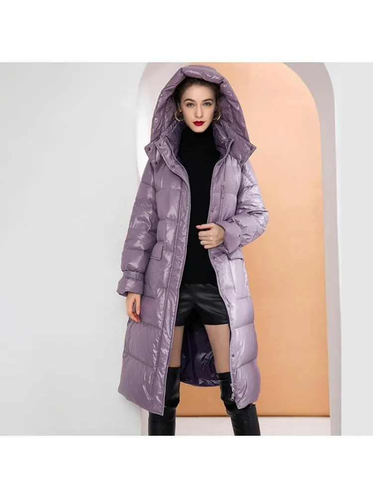 Europe Fashion Bright Face Long 90 White Duck Down Coats 2022 Winter Hooded Loose Lace Up Black Thicked Warmer Bread Jackets