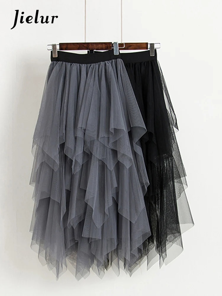 

Jielur Tulle Skirts Women High Waist Mesh Skirt Hem Asymmetrical Pleated Midi Skirt Female Black Pink Summer Mid-Calf Skirts
