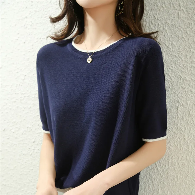 

Summer New Mercerized Cotton Short-Sleeved Women's Thin Small Fragrance Wind Loose Half-Sleeved Bottoming Shirt Knitted Top