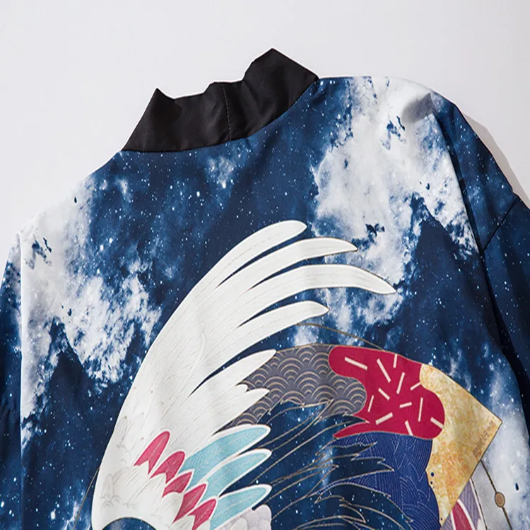 Crane Print Men 3/4 Sleeve Kimono Tao Robe Casual Cardigan Couple Rayon Hanfu Summer Chinese Underwear Home Bathrobe Shirts Coat
