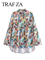 traf za 2022 fashion new print women shirt long sleeve multi color flower button pockets casual loose blouse tops spring autumn