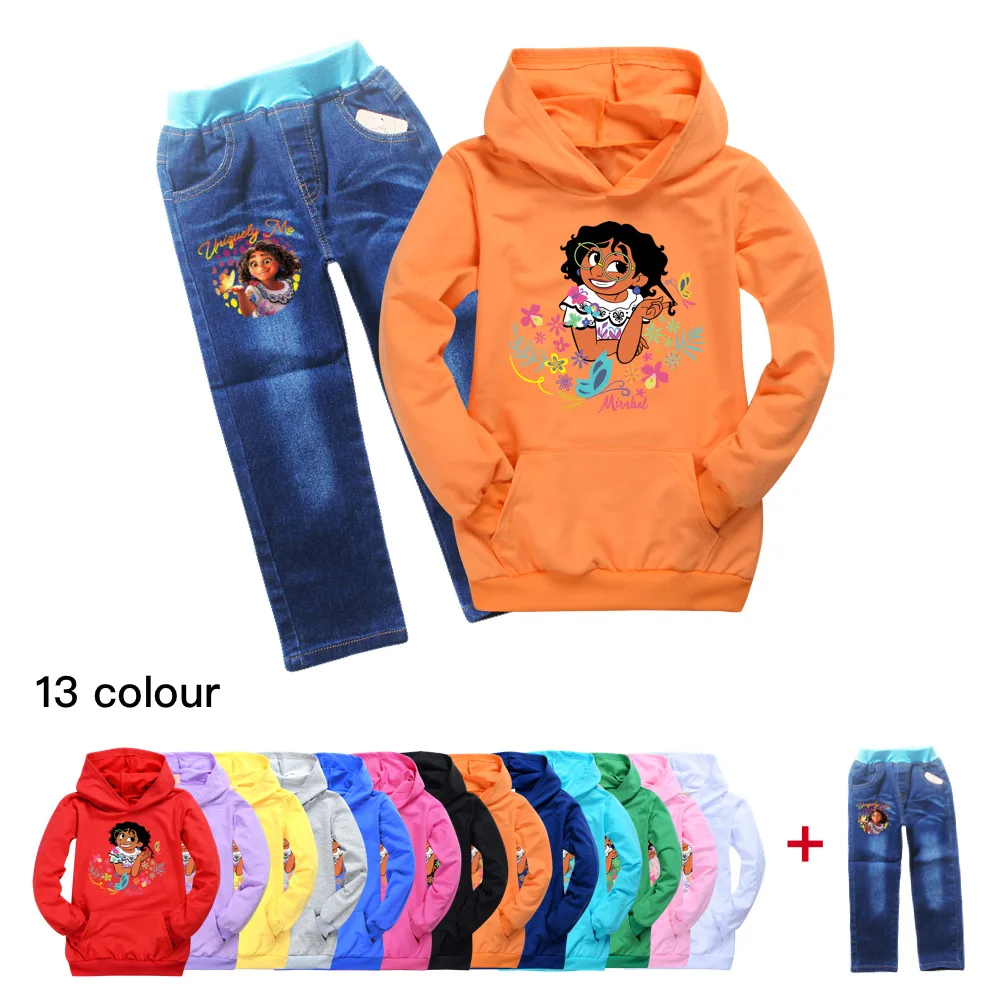 

Disney Encanto Spring and Autumn Girls Boys Hooded Sweater + Washed Jeans Cartoon Printed Cotton Sports Suit 2-16Y