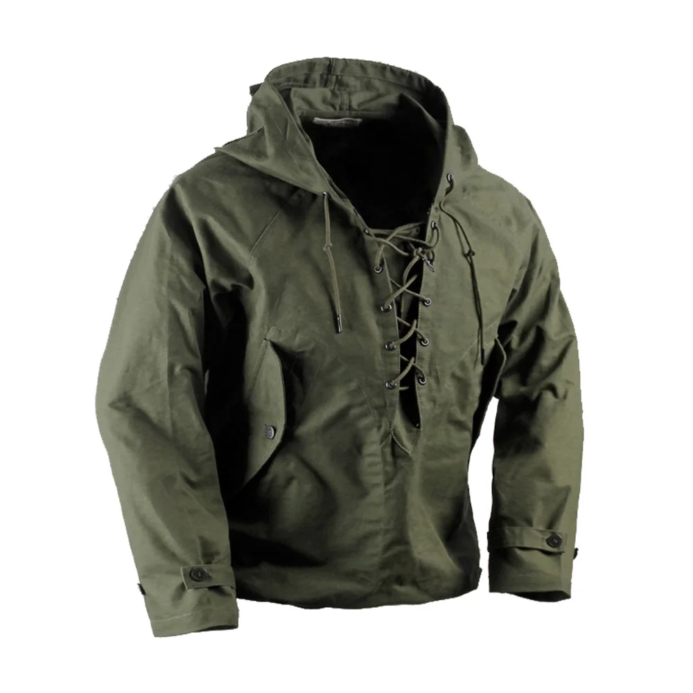 

USN Wet Weather Parka Vintage Deck Jacket Pullover Lace Up WW2 Uniform Mens Navy Military Hooded Jacket Outwear Army Green