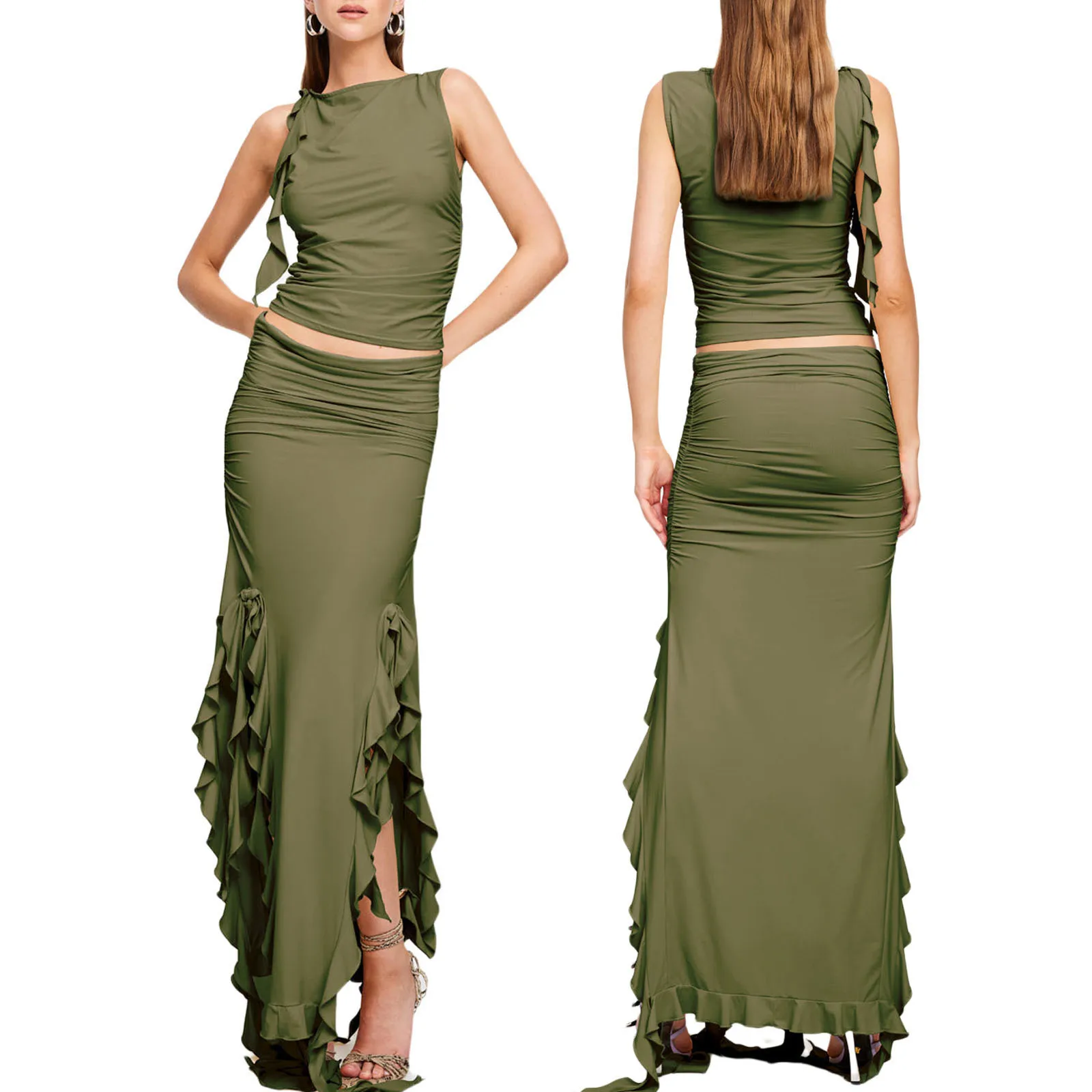 

Женский комплект из топа и юбки, однотонный комплект из топа без рукавов и длинной юбки с оборками и разрезом, летний комплект из двух предметов