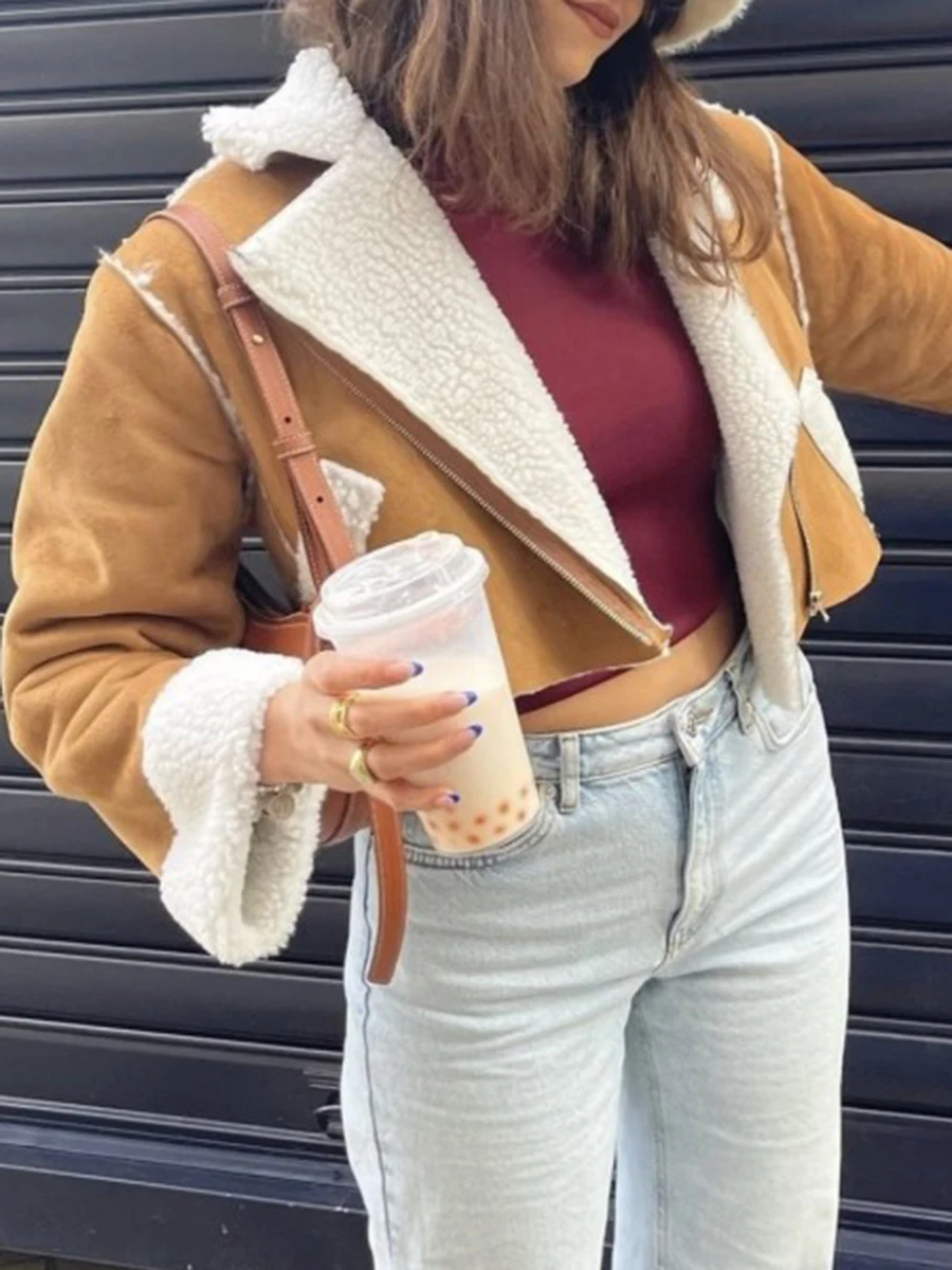 

Autumn Winter Women Zip Up Crop Jacket Casual Contrast Color Patchwork Vintage Long Sleeve Coat Fall Outwear Streetwear