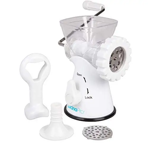 

Manual Meat Grinder - Mincer w 2 Stainless Steel Plates, Sausage Attachment, Press, Heavy Duty Suction Base and Dishwasher Safe