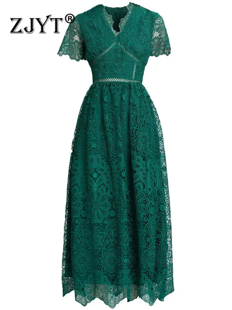 

ZJYT Runway Fashion Summer Green Maxi Lace Dress Women Party Evening Gown Elegant Short Sleeve Vintage Crochet Flower Vestidos