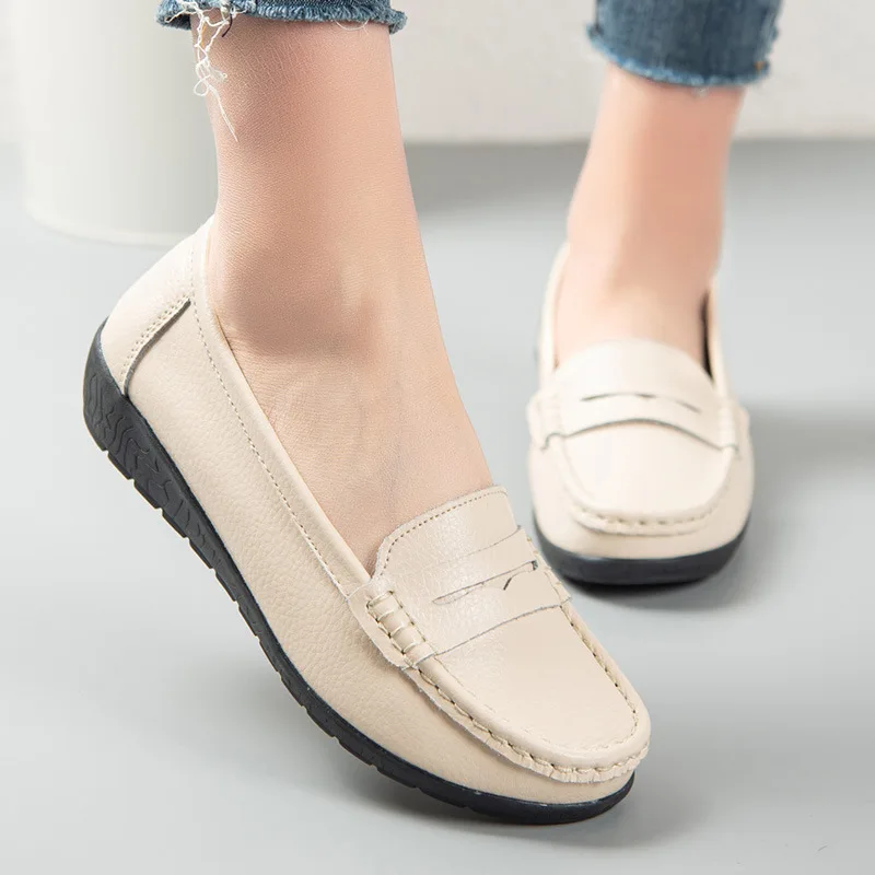 41 42 43 Plus Big Over Large Size Nurse Shoes Casual Flat Heel Women's Single Shoes Bean Shoes Mother Shoes Cow
