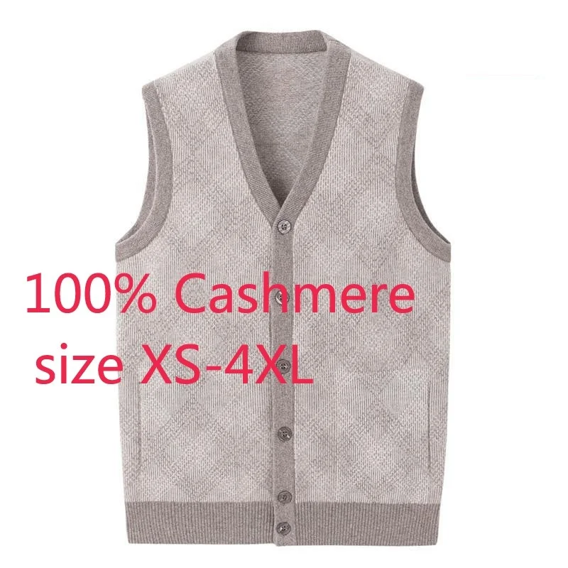 New Fashion High Quality Pure Cashmere Men Vest Sleeveless Knitted Cardigan Thickened V-neck Casual Sweater Plus Size XS-3XL 4XL