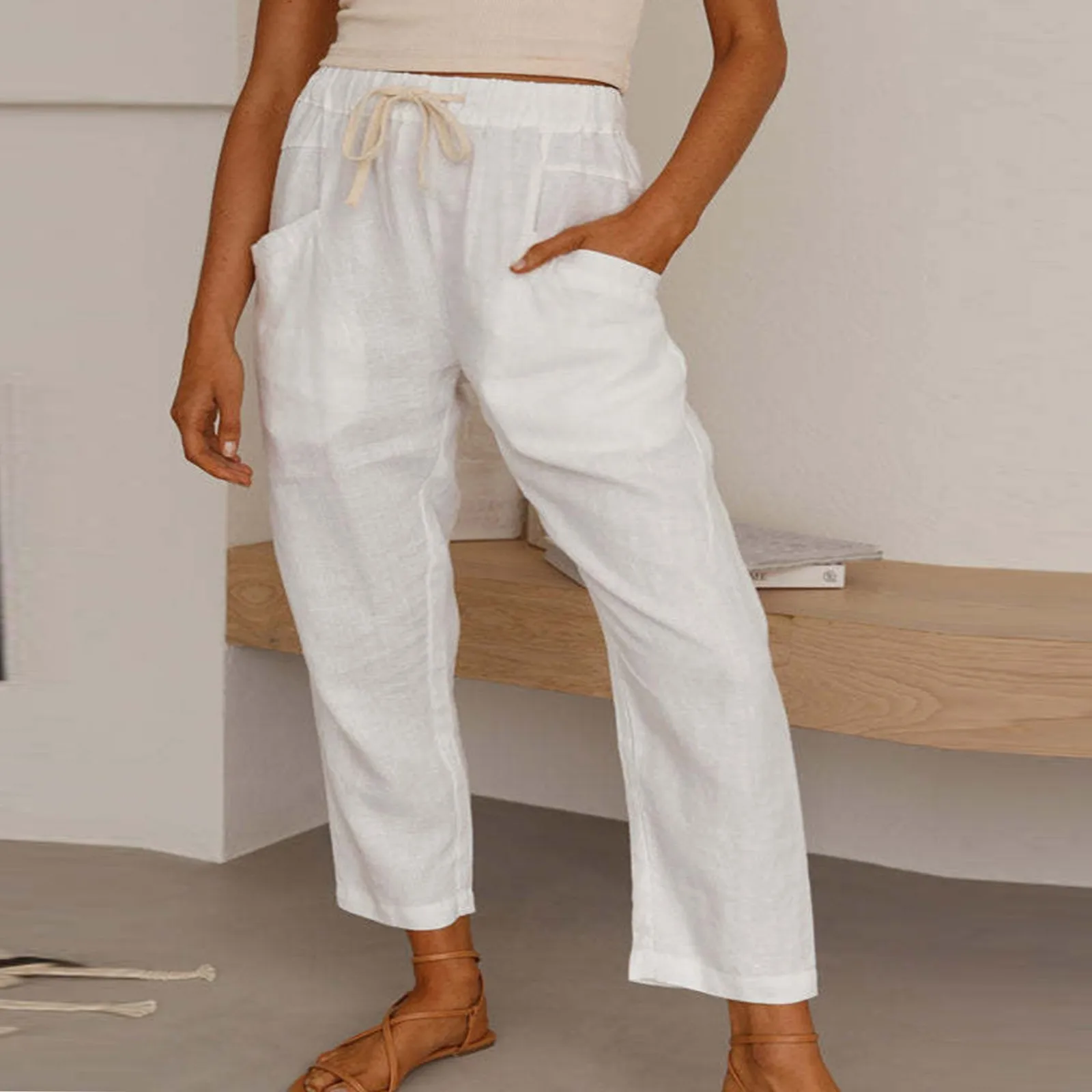 

Summer Women's Trousers Cotton Linen Drawstring Loose Wide-Leg Pants Hot Sale Long Trousers With Pocket Woman Pants