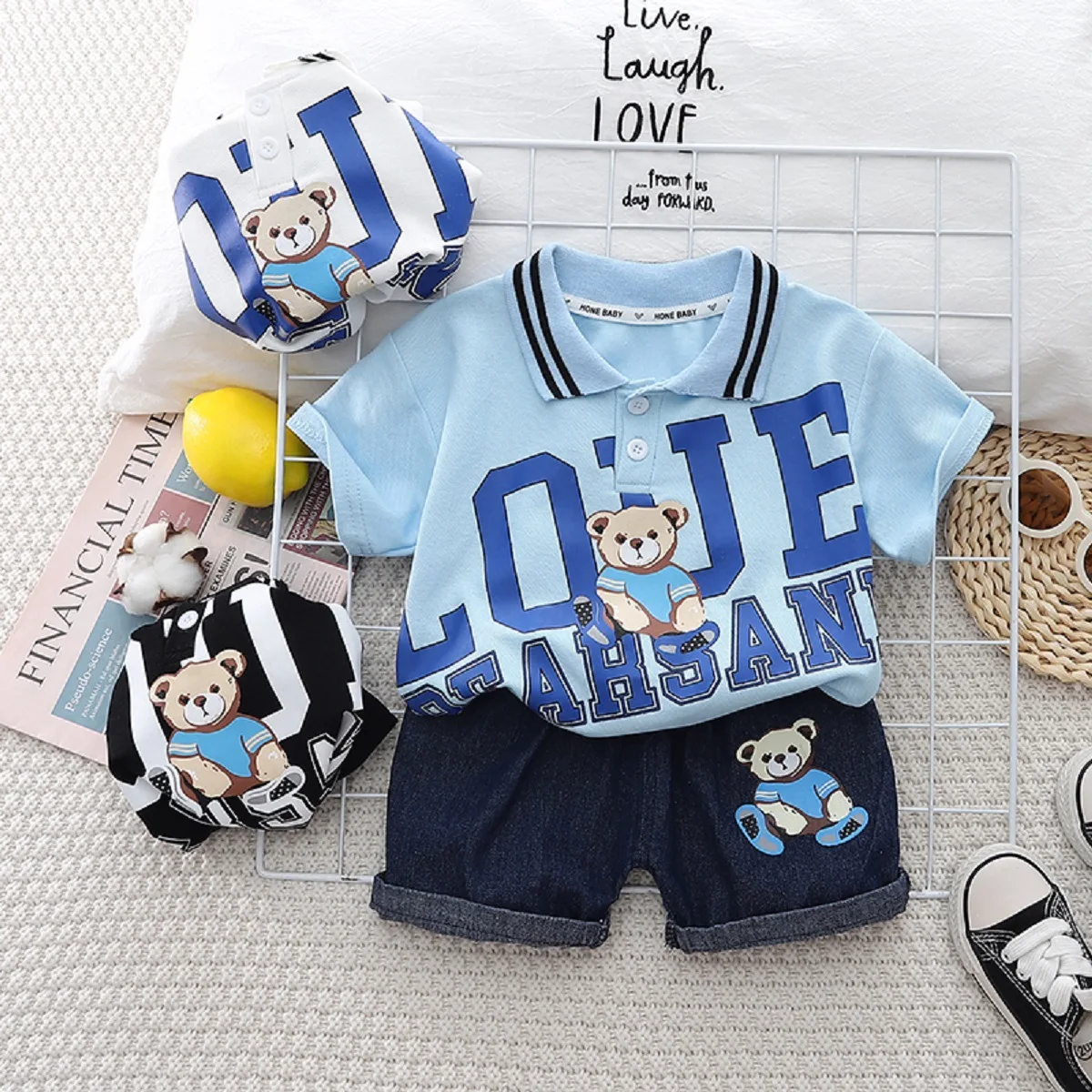 

Childish children's cartoon cute western-style summer boys' short sleeve suit top+jeans clothes for children aged 0-5