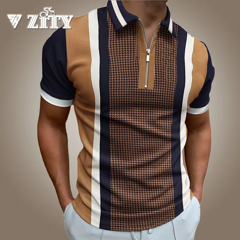 

Summer Stripe Man Polo Shirts New Fashion Casual Print Short Sleeve Shirt Men Zipper High Quality Polos Tops Brand Clothing