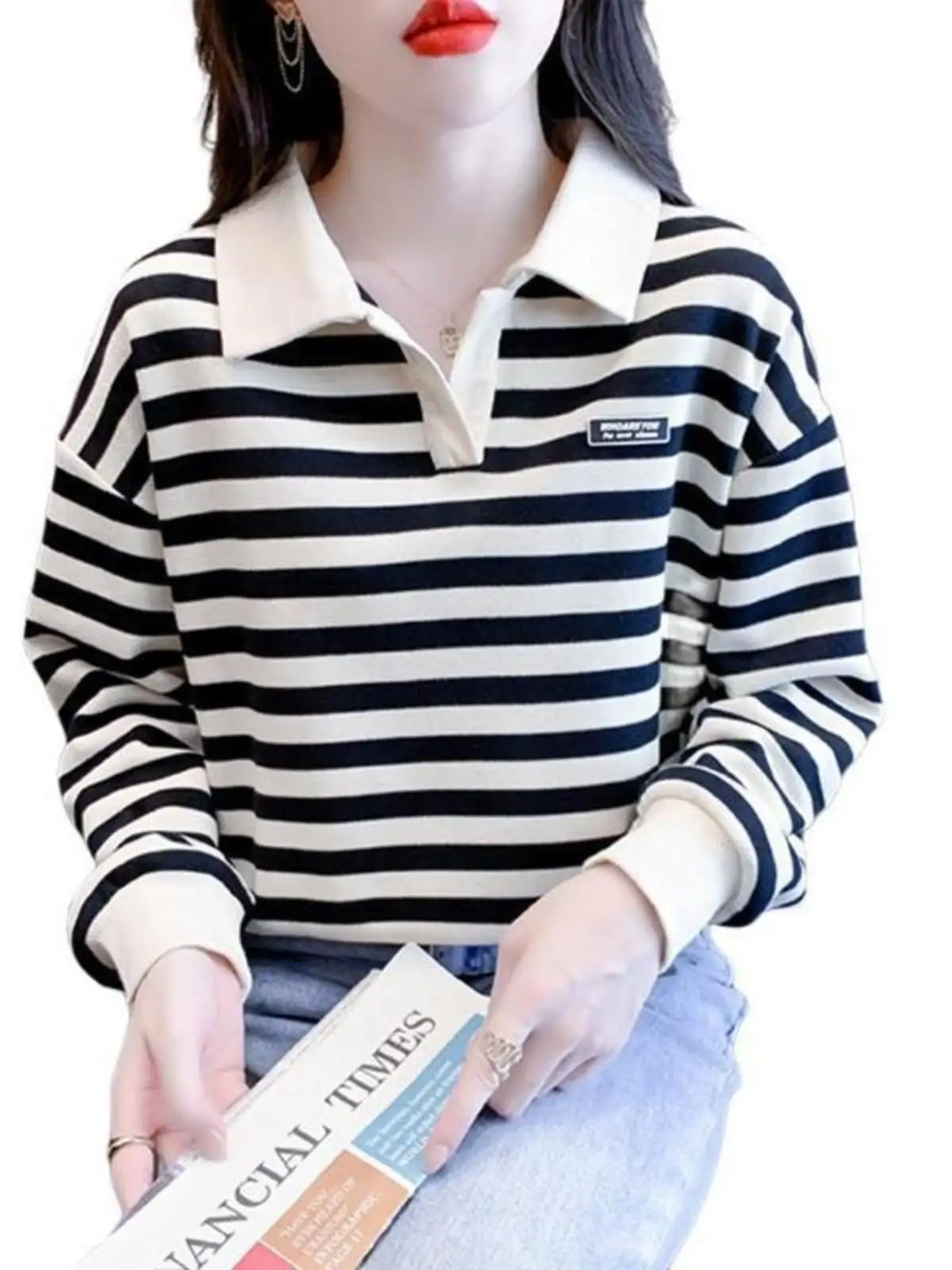 Корейская женская толстовка с воротником-поло в полоску и длинными рукавами