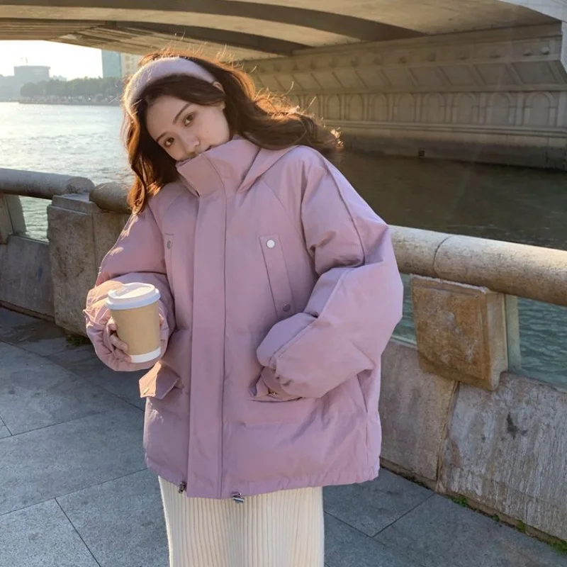 2023 Winter Puffer Coat Drawstring Tighten Short Harajuku Jacket Solid Color Loose Hooded Parka Oversized Abrigos mujer Invierno