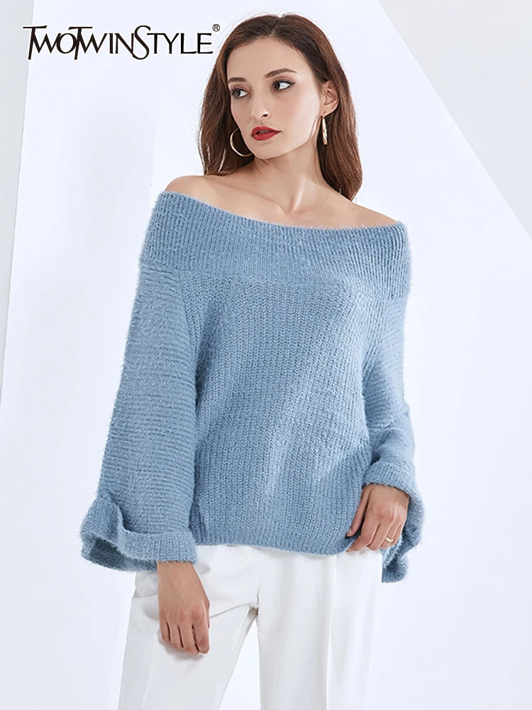 

TWOTWINSTYLE Solid Loose Knitting Sweaters For Women Slash Neck Cold Shoulder Batwing Sleeve Pullover Sweater Female Fashion New