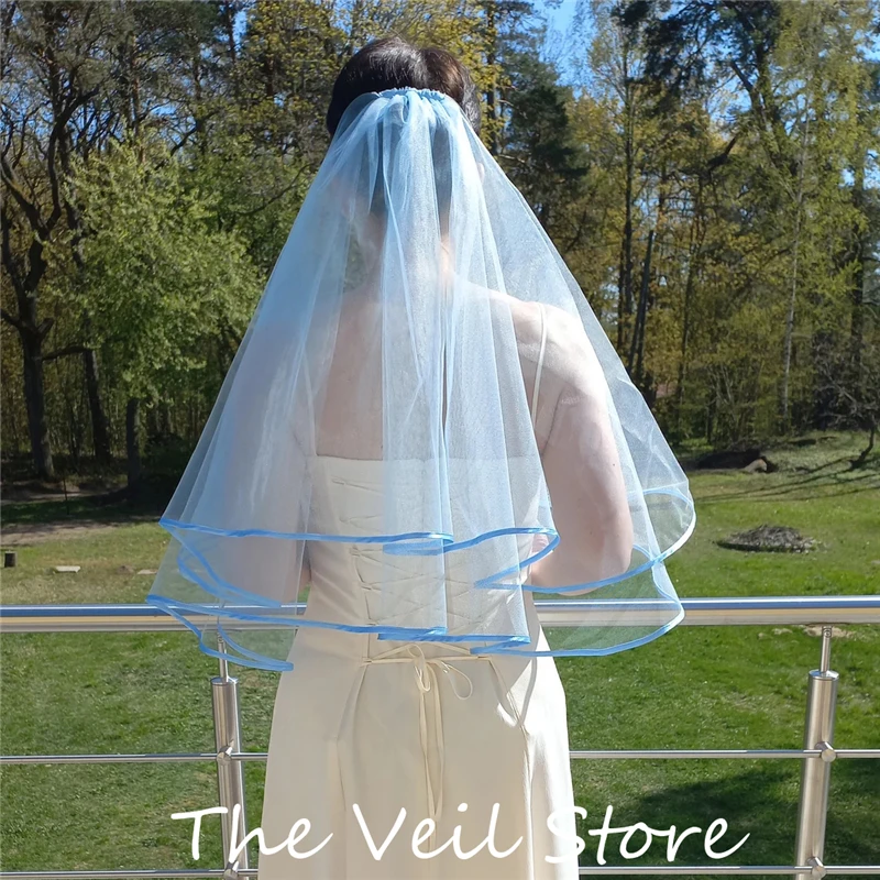 

Light Sky Blue Satin Edge Bridal Veils Tulle Wedding Accessories For Brides With Comb Blusher Two Tiers Cathedral Long Short