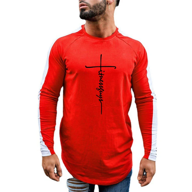 

High Quality Cotton Patchwork Long Sleeve T shirt Men Spring Autumn Fashion Casual Sports T-shirt Male Muscle Tees Gym Clothing