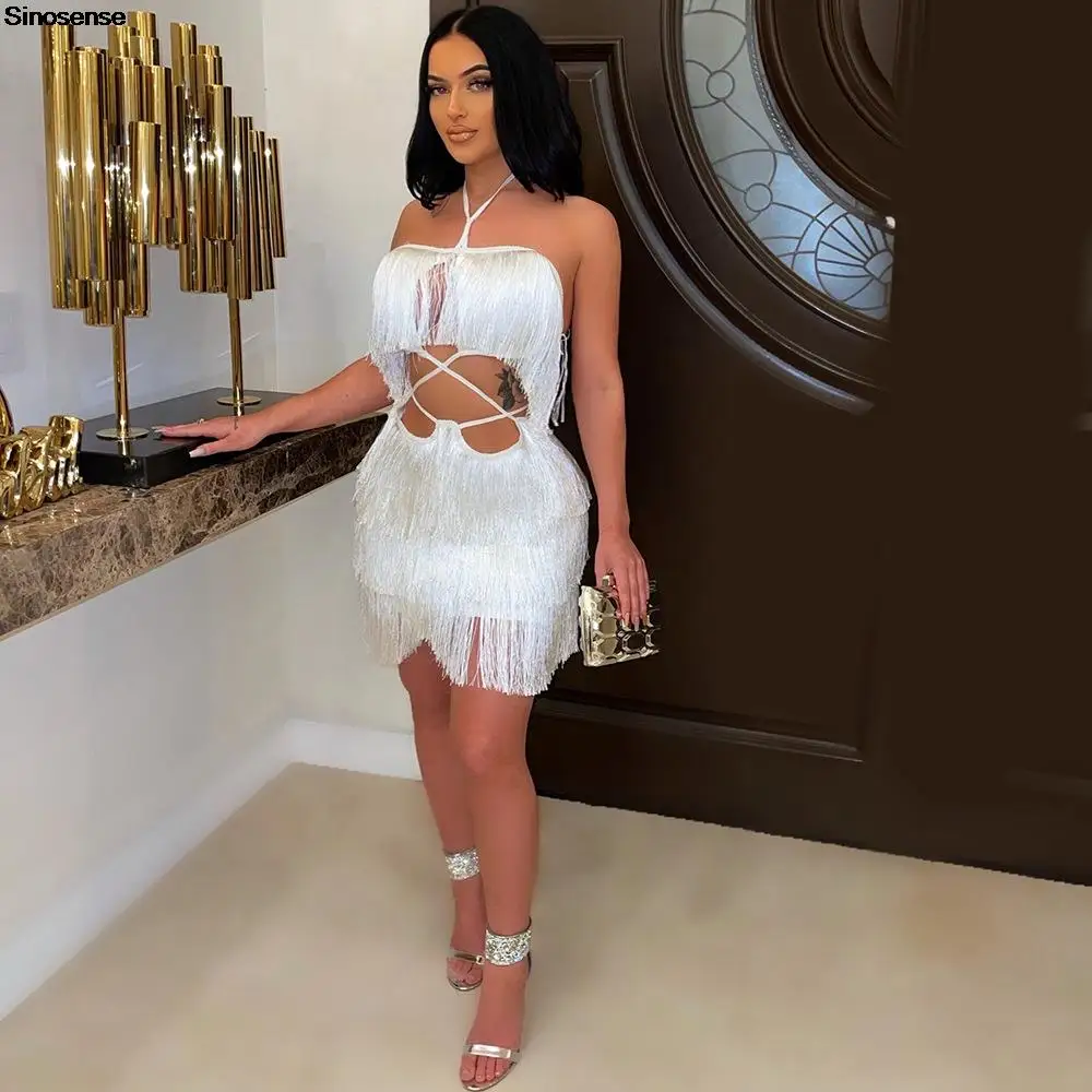 

Sexy Halter Backless Bodycon Club Dress Spring Summer Fringe Tassel Party Prom Mini Dress Women Hollow Out Lace Up Bandage Dress