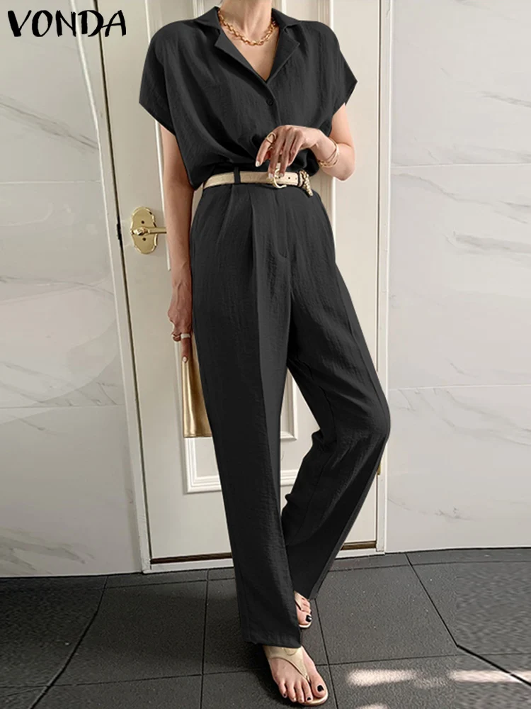 

2022 VONDA Elegant Fashion Pant Sets Women Casual Short Sleeve Lapel Button Blouse Summer High Waist Straight Long Trousers Set