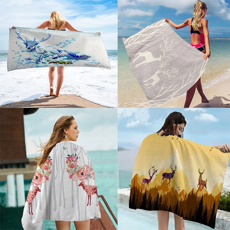 

Cartoon Elk Pattern Beach Towel Bath Towels for Adults Superfine Fiber Outdoor Swimming Cape Bath Towel Quick-Dry Rectangle