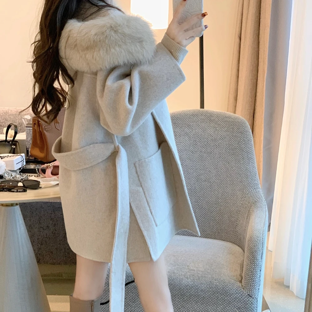 2021 Women Winter Thicken Loose Cashmere Wool Coat with Belt Hooded Short Woolen Overcoat Outerwear Female