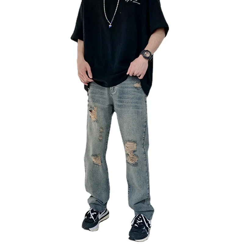 2022 New Streetwear Men Jeans Worn Washed Straight Pants Casual Loose Boys Ripped Jeans for Men Denim Pants Full Length Trousers