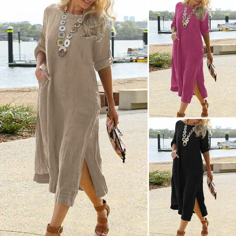 

Europe and The United States casual retro long shirt dress long sleeves under the slit long skirt 2022 summer