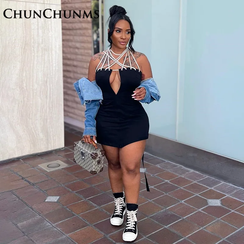 

2022 Summer Corn Lace Up Bandage Sleeveless Dress Women Sexy Club Party Black Mini Dresses Tights Bodycon Street Clothing