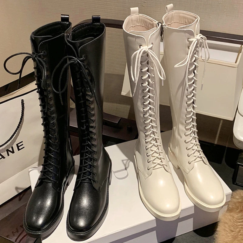 

Lace Up Knight Boots Women's Thick Heel Motorcycle Boots Korean Style Round Head Fleece High-top Knee High Boots Bota Cano Longo