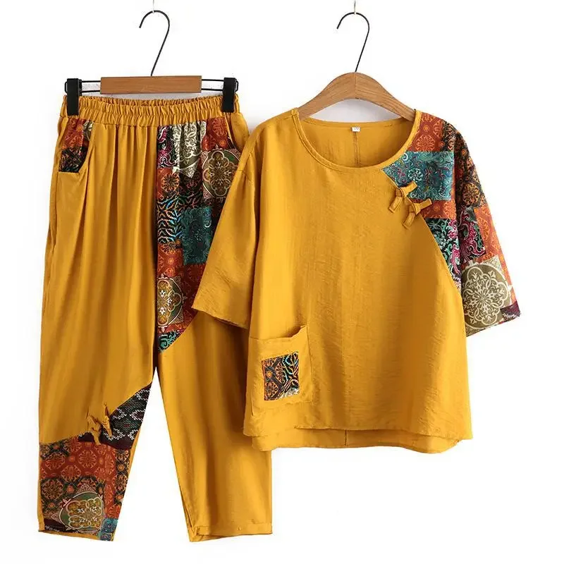 Stylish Large-size Loose-fit Summer Suit For Middle-aged Elderly Women Fashionable Age-reducing Vintage Casual 2-piece Set