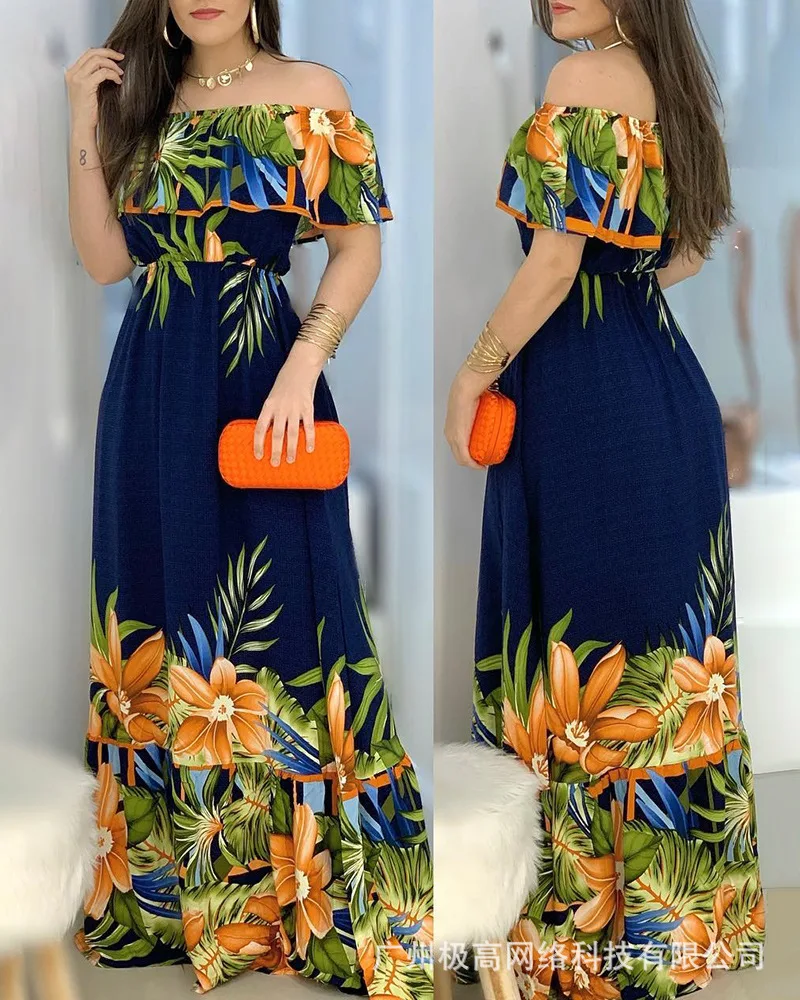 

Women Off Shoulder Tropical Print Maxi Dress Slash Neck Long Spring Summer High Waist Floor Length Dress