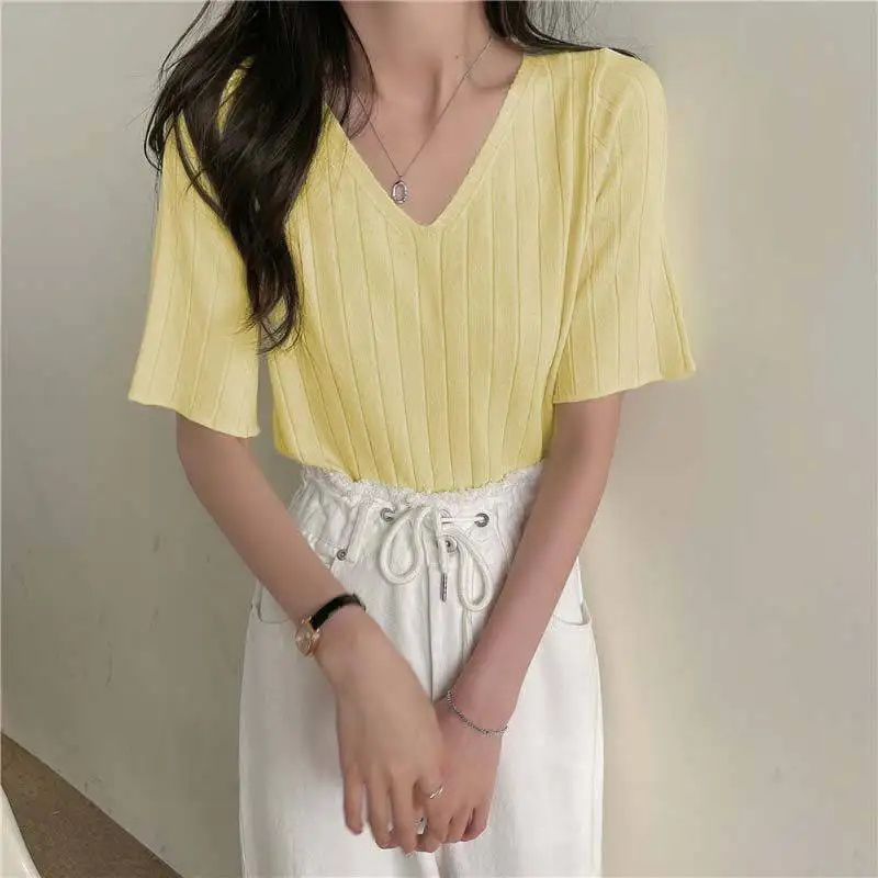 

Short sleeve top V-neck loose 2022 summer new women Black