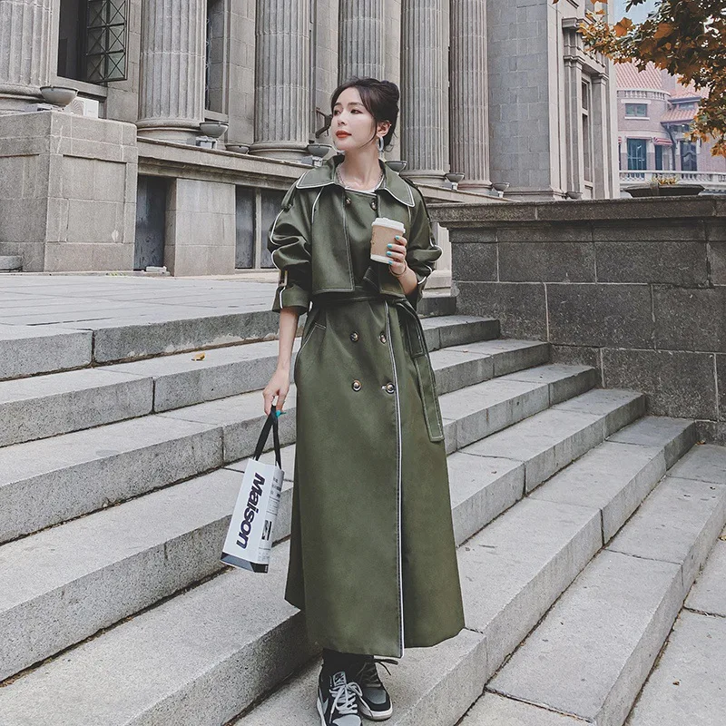 SuperAen Women's New Windbreaker Long Temperament Waistcoat Korean Green Double Breasted OL Long Coats