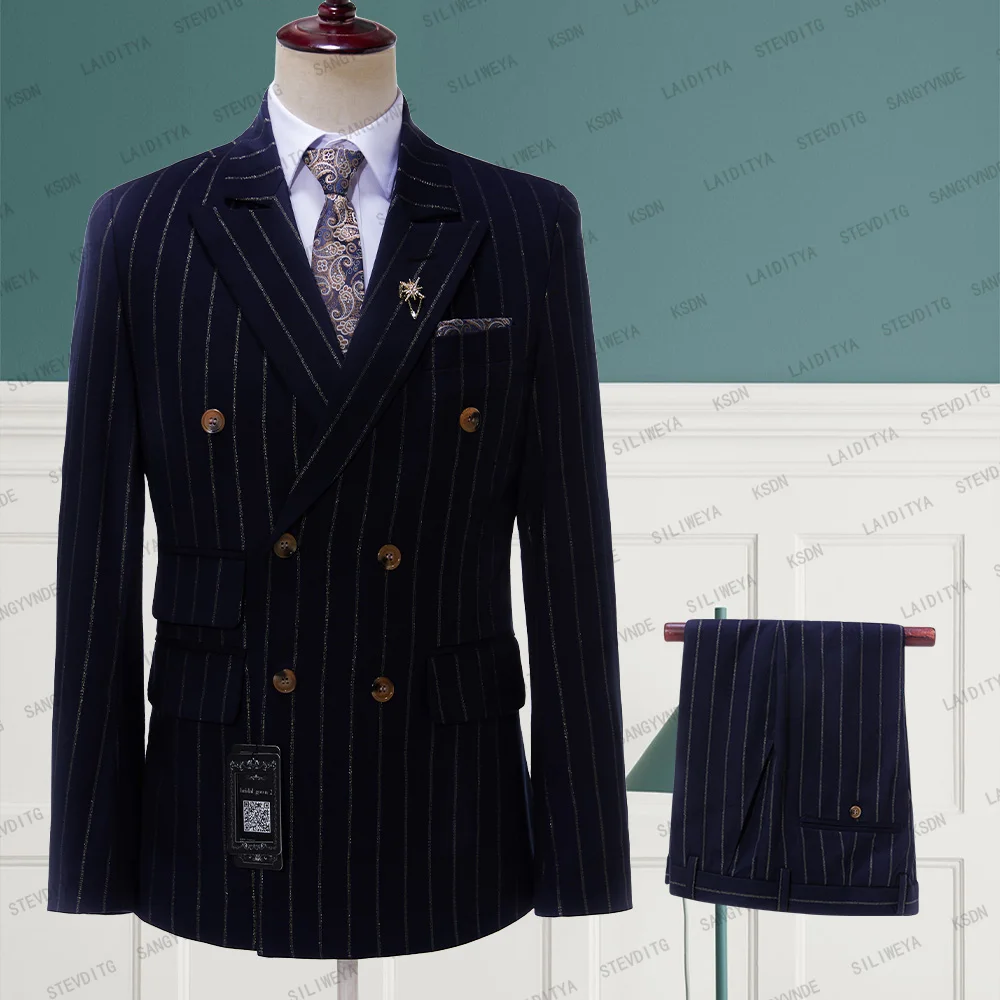 Костюм Блейзер мужской двубортный пиджак и брюки облегающий смокинг в